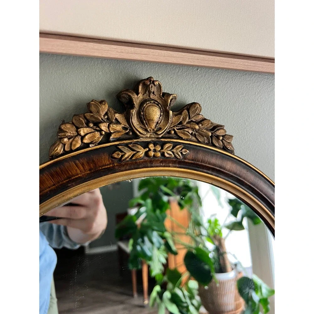 Vintage French Neoclassical Round Wood Wall Mirror Gilt Accents 22x16